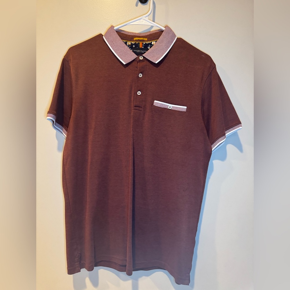Denim & Flower Chocolate Polo Shirt with White Trim